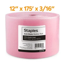 Best Staples 3/16" Antistatic UPS Approved Bubble Roll, Anti-Static, 12" x 175' (4072825)