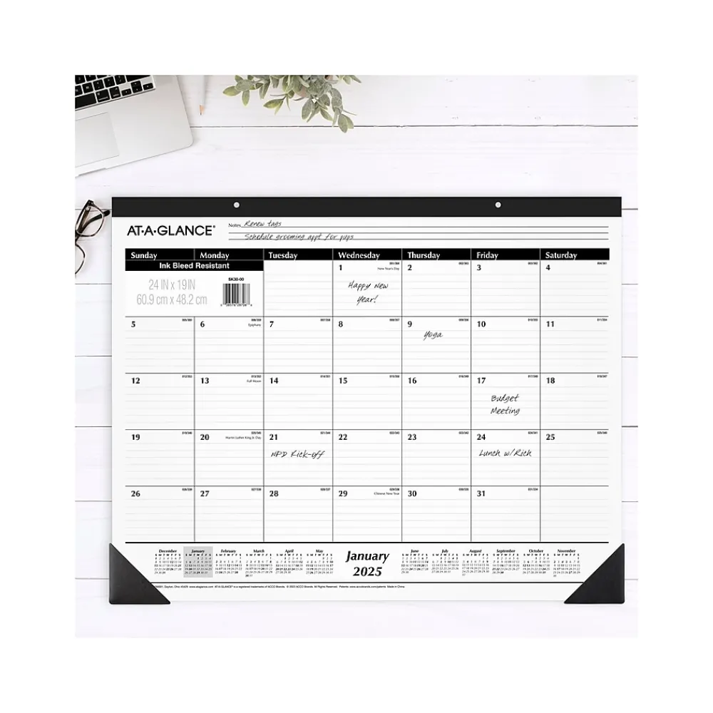 2025 Calendars|AT-A-GLANCE 2025 24" x 19" Monthly Desk Pad Calendar, White/Black (SK30-00-25)