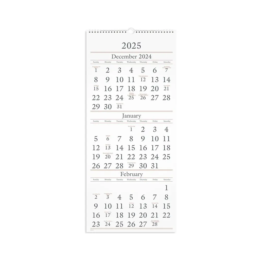 2025 Calendars|AT-A-GLANCE 2025 12" x 27" Three-Month Wall Calendar, White/Black (SW115-28-25)