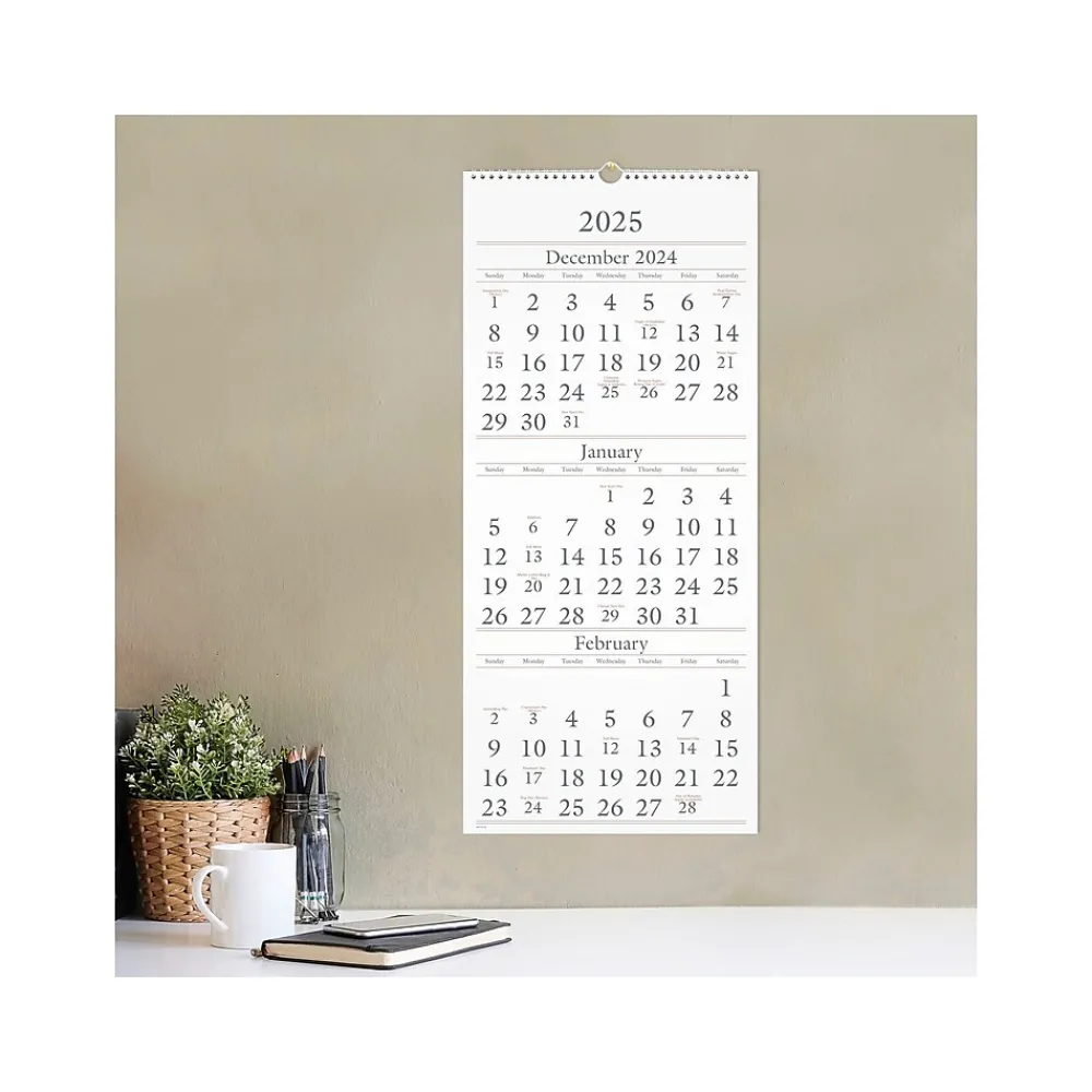 2025 Calendars|AT-A-GLANCE 2025 12" x 27" Three-Month Wall Calendar, White/Black (SW115-28-25)