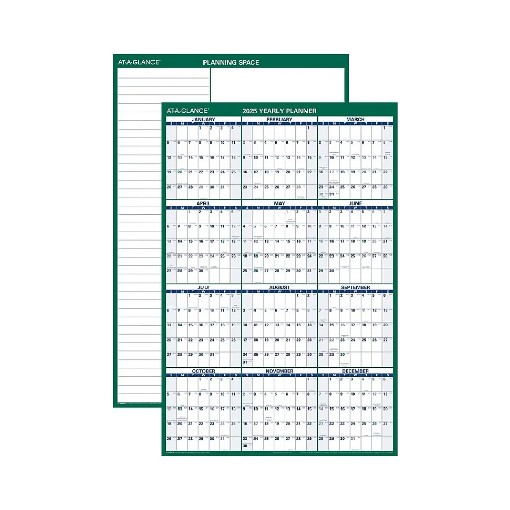 2025 Calendars|AT-A-GLANCE 2025 32" x 48" Yearly Dry Erase Wall Calendar, Reversible, White/Green (PM310-28-25)