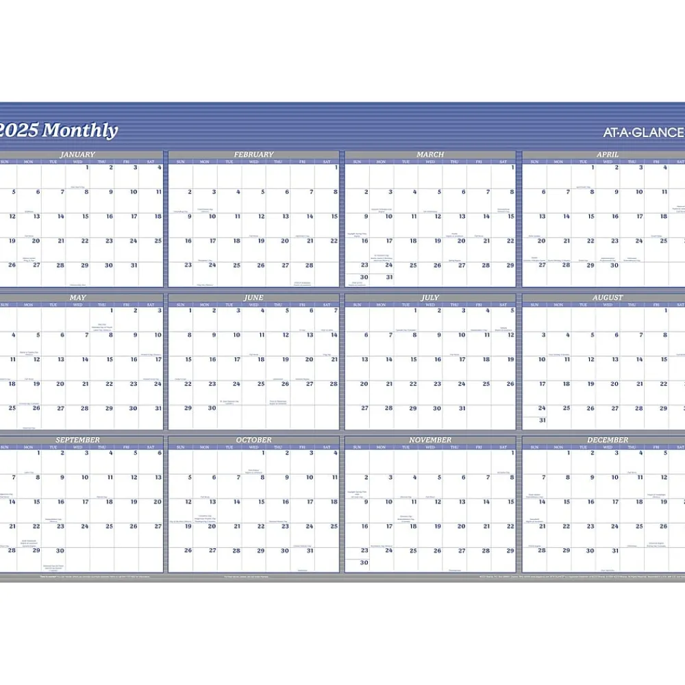 2025 Calendars|AT-A-GLANCE 2025 48" x 32" Yearly Dry Erase Wall Calendar, Reversible, White/Blue (A1152-25)