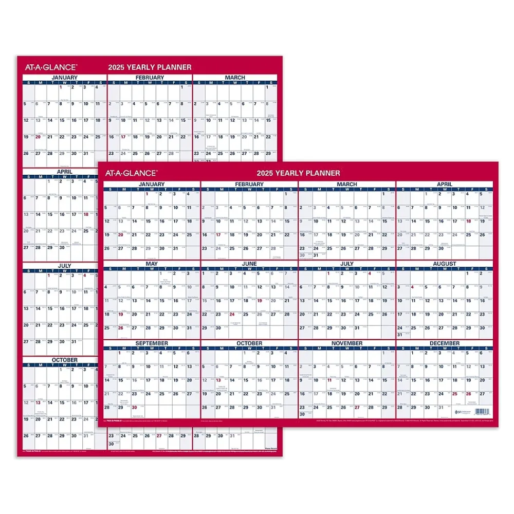 2025 Calendars|AT-A-GLANCE 2025 36" x 24" Yearly Dry Erase Wall Calendar, Reversible, White/Red (PM26-28-25)