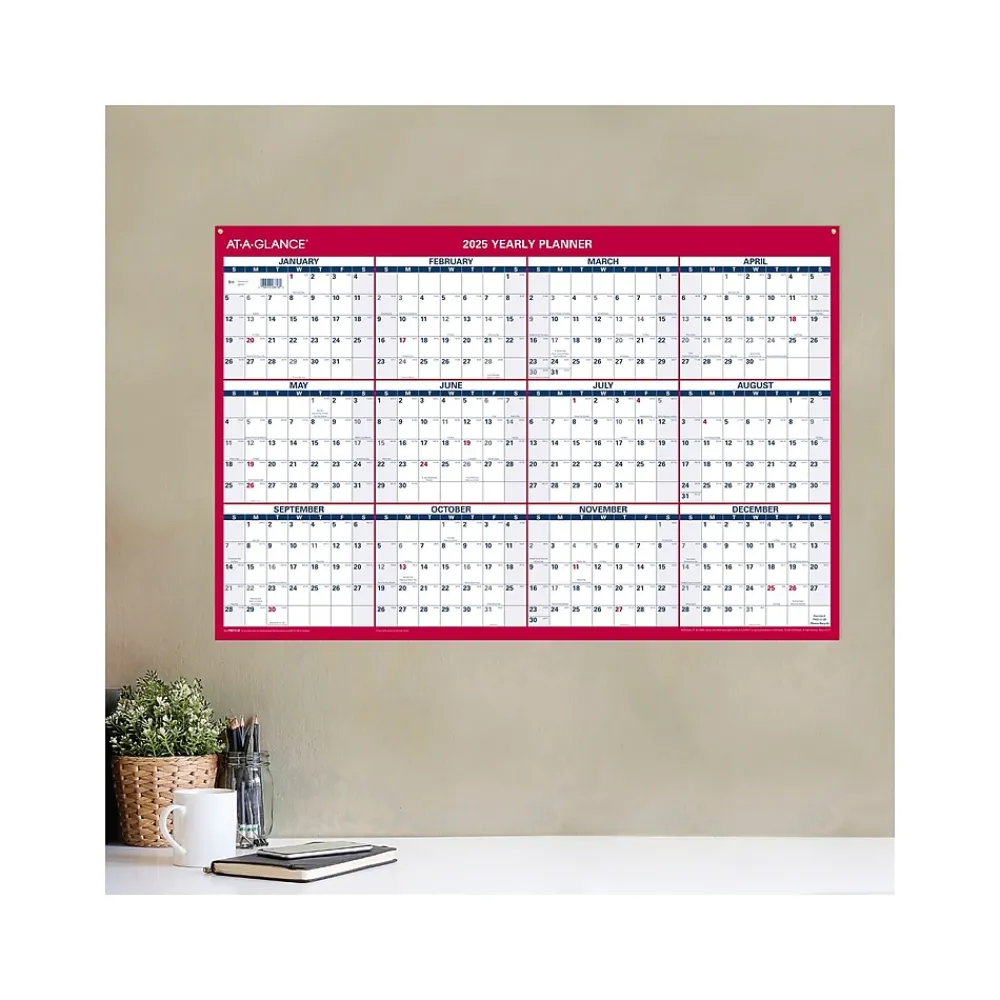 2025 Calendars|AT-A-GLANCE 2025 36" x 24" Yearly Wall Calendar, Reversible, White/Red (PM212-28-25)