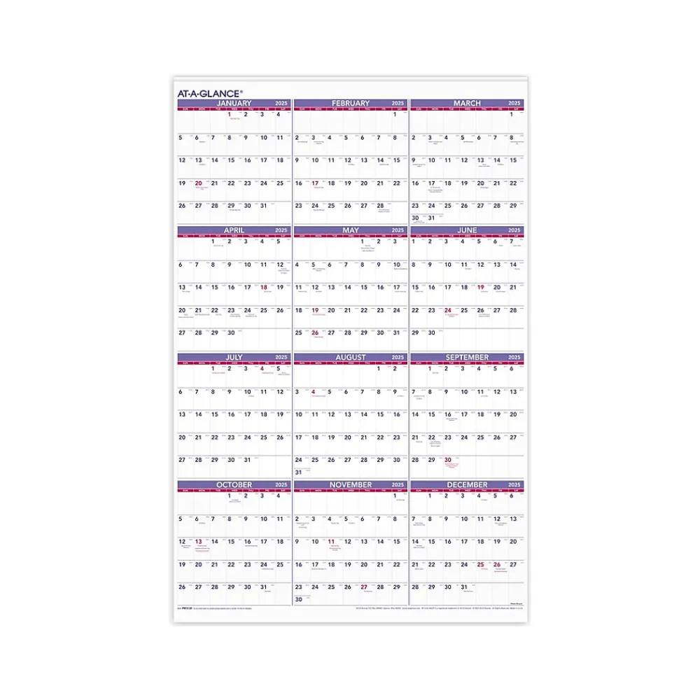 2025 Calendars|AT-A-GLANCE 2025 24" x 36" Yearly Wall Calendar, White/Purple (PM12-28-25)