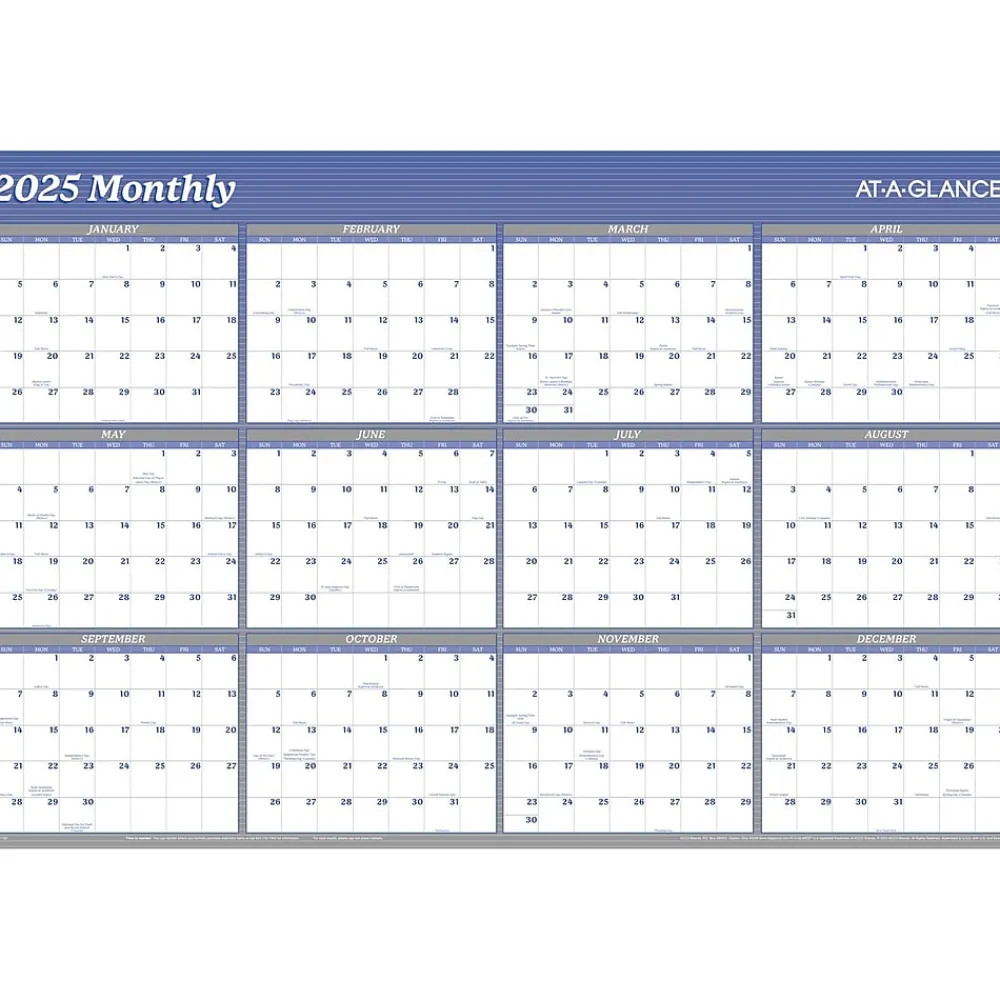 2025 Calendars|AT-A-GLANCE 2025 36" x 24" Yearly Wet-Erase Wall Calendar, Reversible, White/Blue (A1102-25)