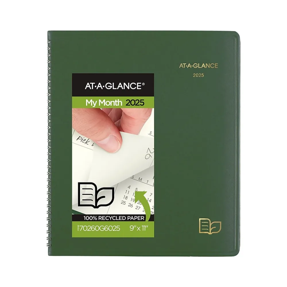 2025 Planners|AT-A-GLANCE 2025 Recycled 9" x 11" Monthly Planner, Faux Leather Cover, Green (70-260G-60-25)