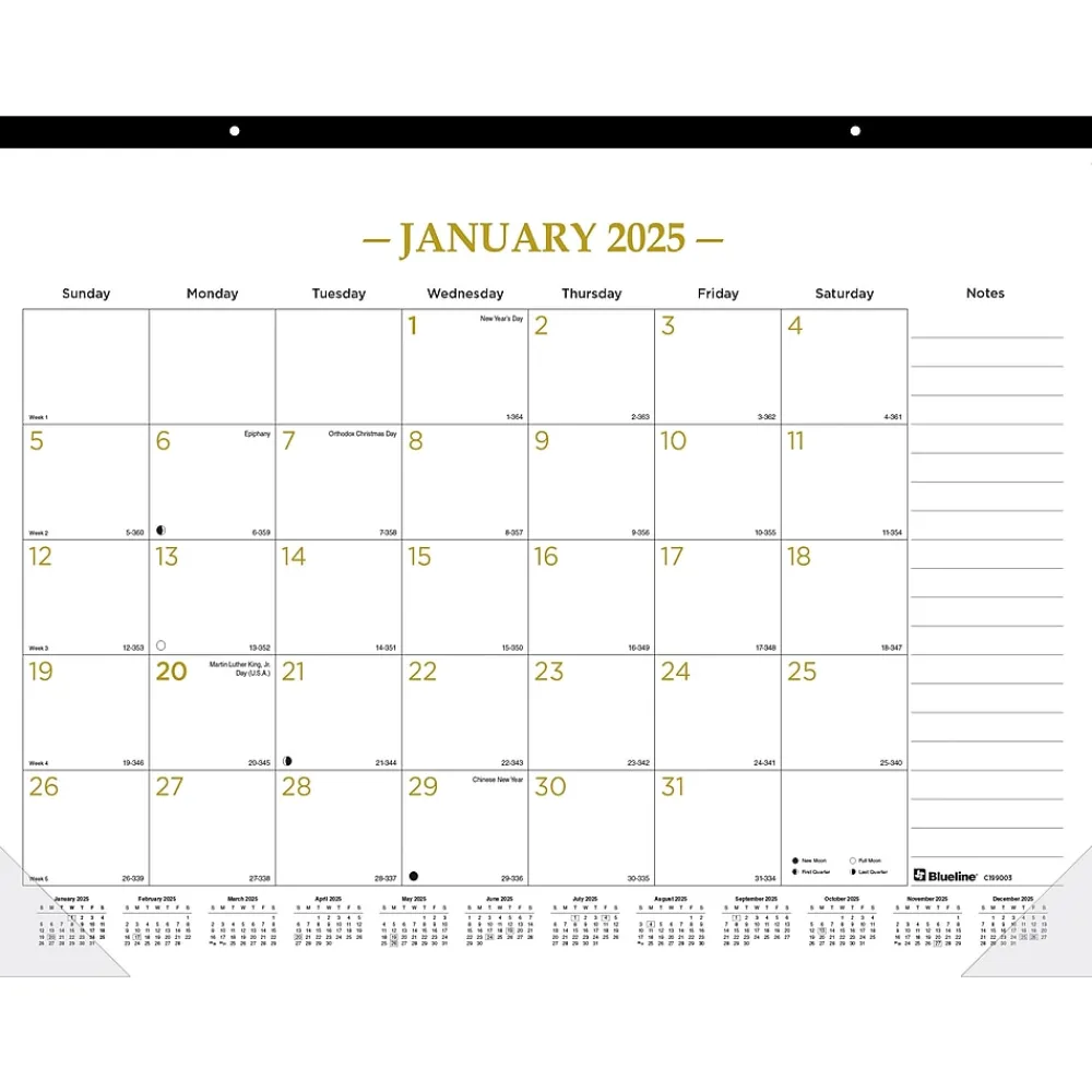 2025 Calendars|Blueline 2025 Colorful 22" x 17" Monthly Desk Pad Calendar, White/Gold (100024-25)