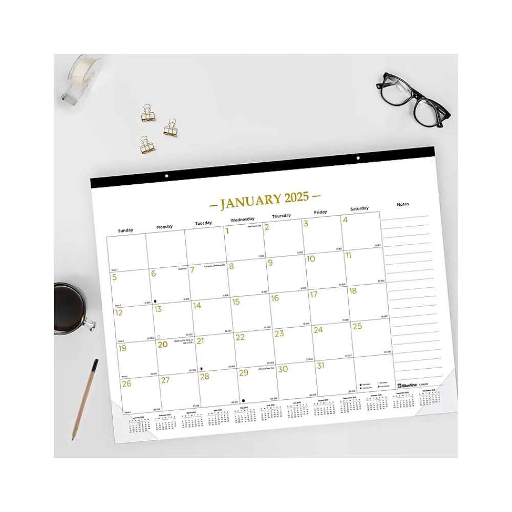 2025 Calendars|Blueline 2025 Colorful 22" x 17" Monthly Desk Pad Calendar, White/Gold (100024-25)