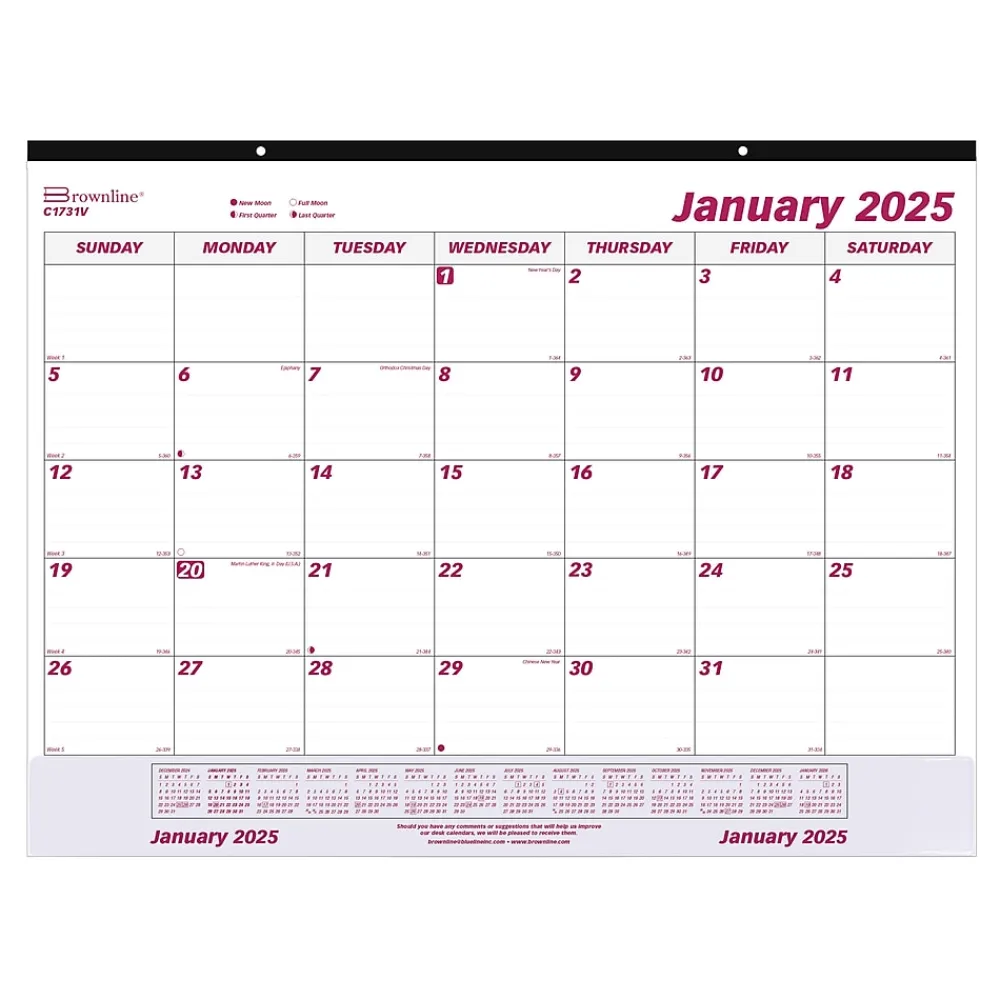 2025 Calendars|Brownline 2025 22" x 17" Monthly Desk or Wall Calendar, White/Purple (C1731V)