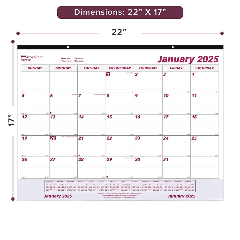 2025 Calendars|Brownline 2025 22" x 17" Monthly Desk or Wall Calendar, White/Purple (C1731V)