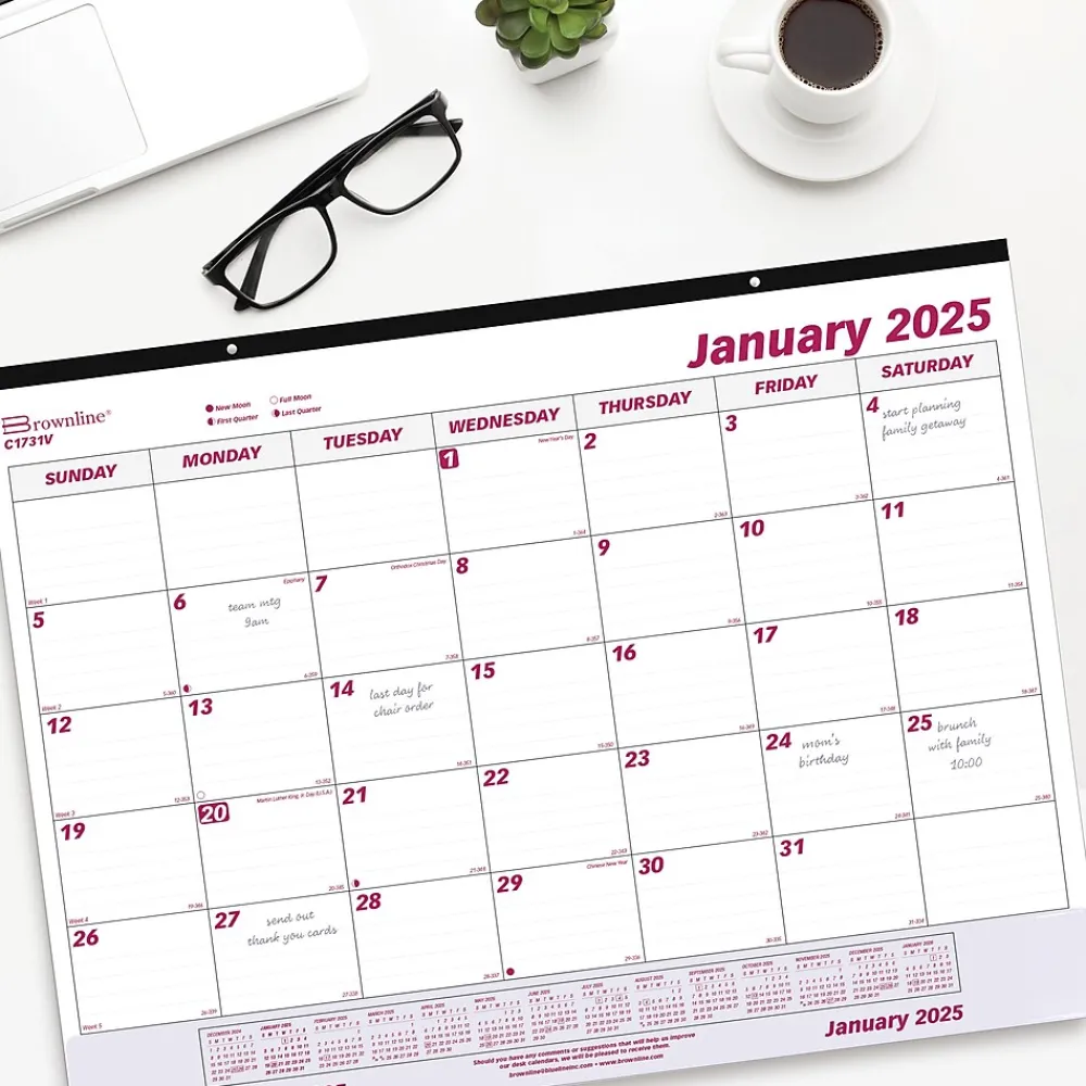 2025 Calendars|Brownline 2025 22" x 17" Monthly Desk or Wall Calendar, White/Purple (C1731V)
