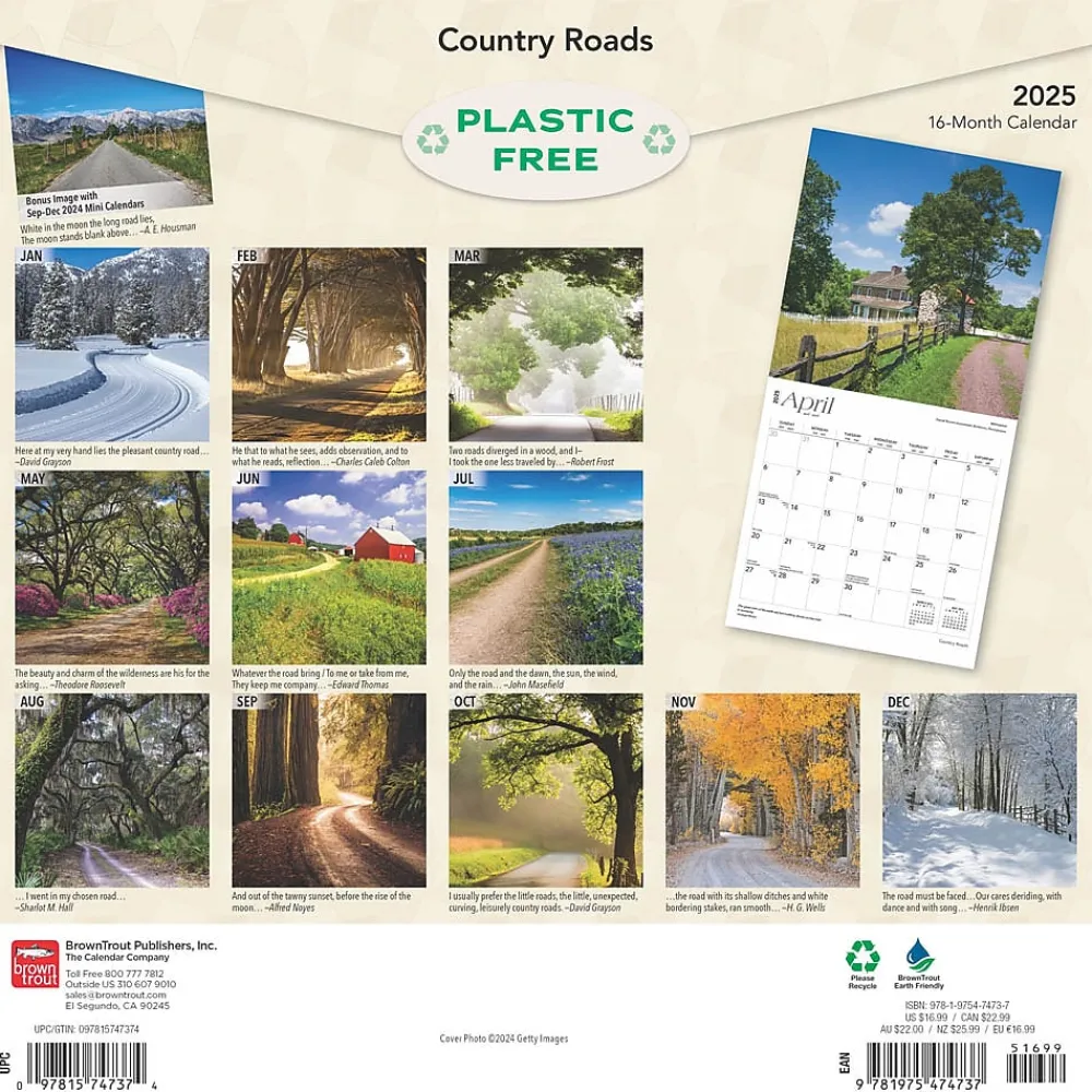 2025 Calendars|BrownTrout 2025 Country Roads 12" x 12" Monthly Wall Calendar (9781975474737)