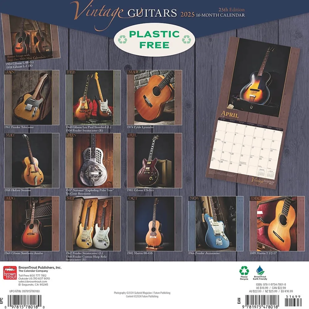 2025 Calendars|BrownTrout 2025 Vintage Guitars 12" x 12" Monthly Wall Calendar (9781975478018)