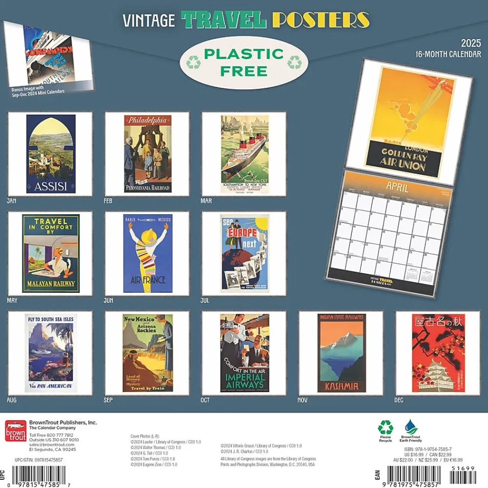 2025 Calendars|BrownTrout 2025 Vintage Travel Posters 12" x 12" Monthly Wall Calendar (9781975475857)