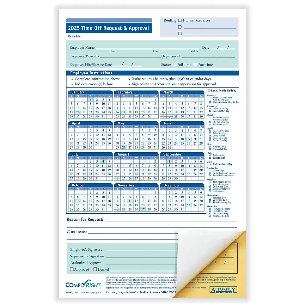 2025 Calendars|ComplyRight 2025 Attendance Tracker 36" x 24" Yearly Dry Erase Wall Calendar, Blue/White (A0101)