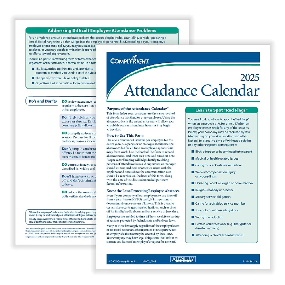 2025 Calendars|ComplyRight 2025 Attendance Tracker 36" x 24" Yearly Dry Erase Wall Calendar, Blue/White (A0101)
