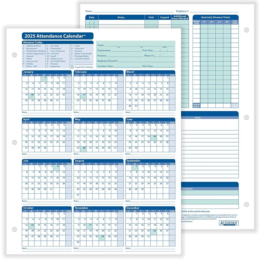 2025 Calendars|ComplyRight 2025 Attendance Tracker 36" x 24" Yearly Dry Erase Wall Calendar, Blue/White (A0101)