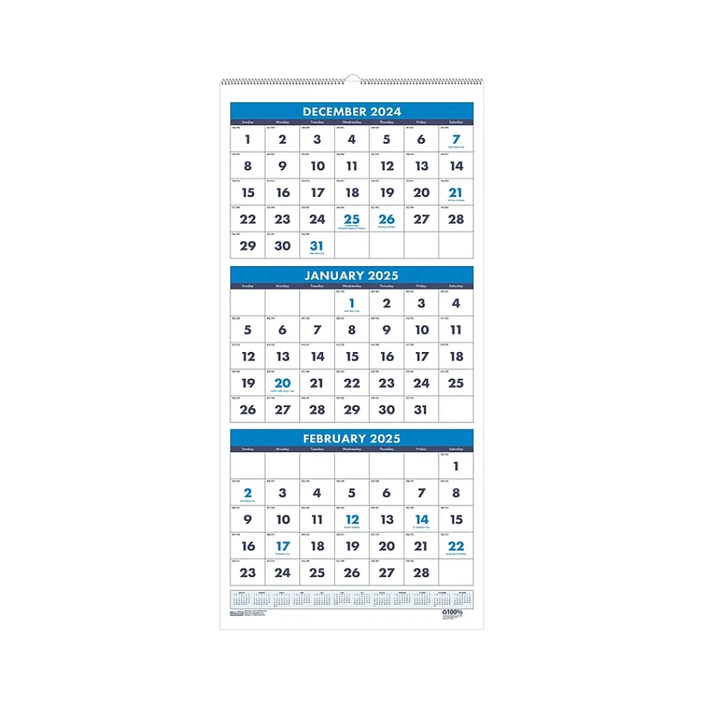2025 Calendars|House of Doolittle 2025 8" x 17" Three-Month Wall Calendar, White/Blue (3646-25)