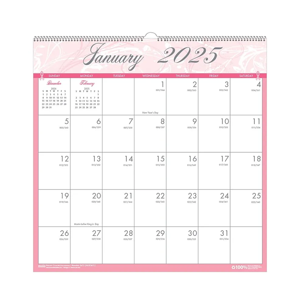 2025 Calendars|House of Doolittle 2025 Breast Cancer Awareness 12" x 12" Monthly Wall Calendar, Pink/Gray (3671-25)