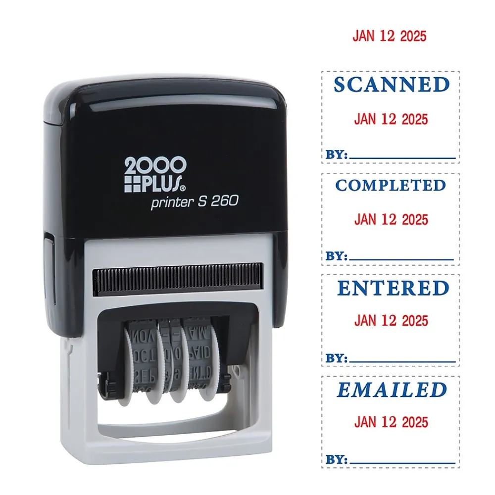 Stamps & Stamp Pads|2000 Plus 4-in-1 Date Stamp, Scanned, Completed, Entered, Emailed, Blue and Red Ink (011098)