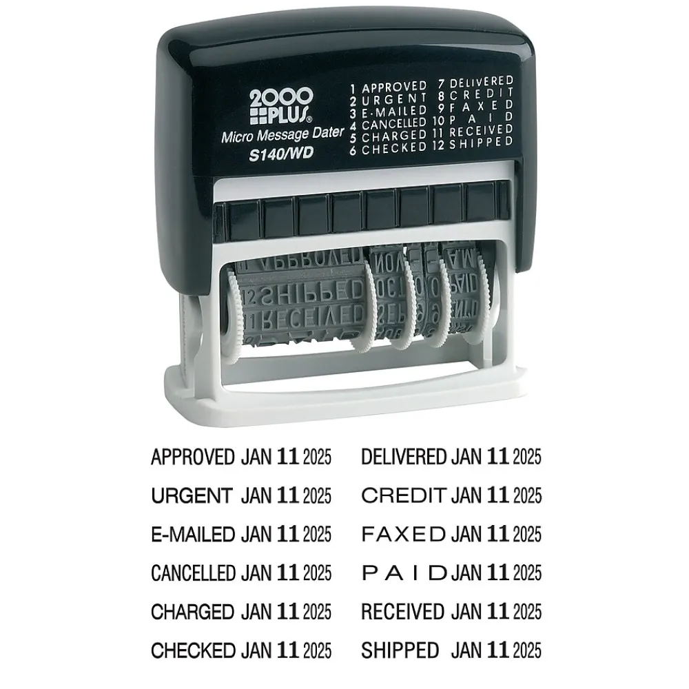 Stamps & Stamp Pads|2000 Plus Micro Message Dater 12-in-1 Self-Inking Date and Message Stamp, Black Ink (011090)