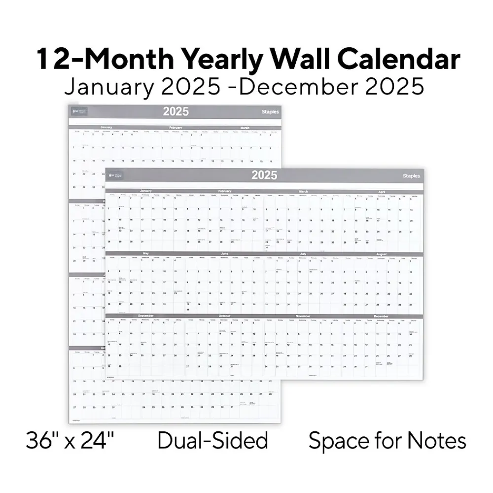 2025 Calendars|Staples 2025 36" x 24" Dry Erase Wall Calendar, Gray/White (ST52079-25)