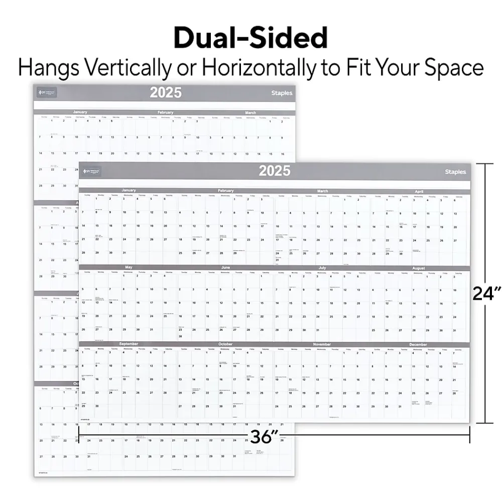 2025 Calendars|Staples 2025 36" x 24" Dry Erase Wall Calendar, Gray/White (ST52079-25)