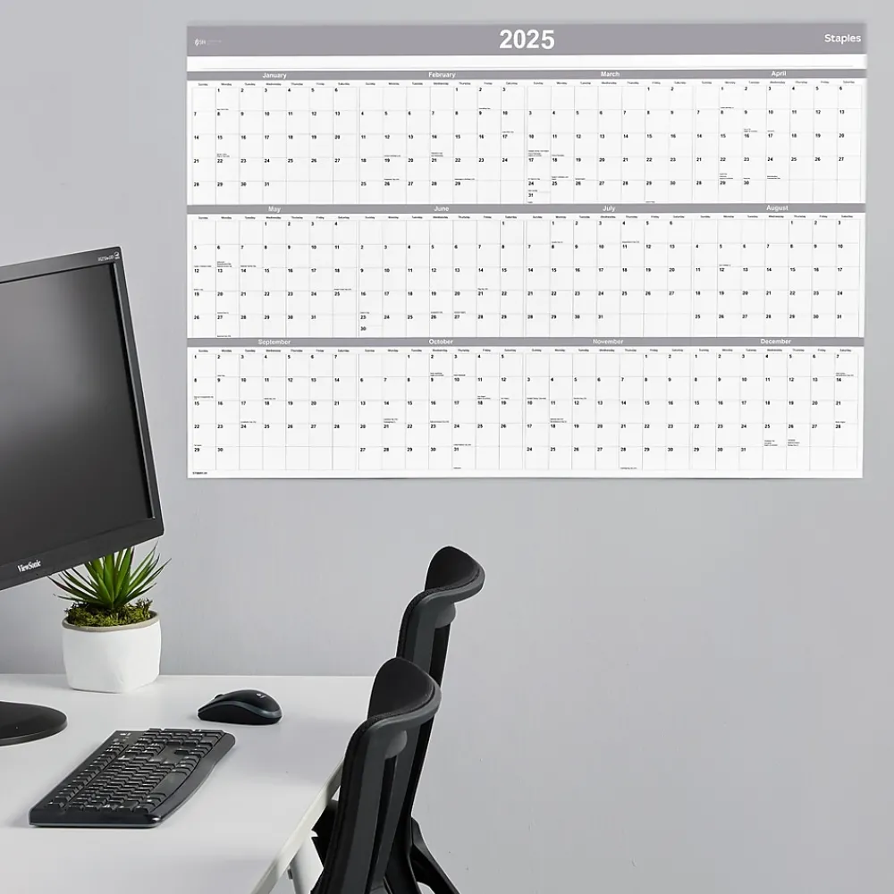 2025 Calendars|Staples 2025 36" x 24" Dry Erase Wall Calendar, Gray/White (ST52079-25)