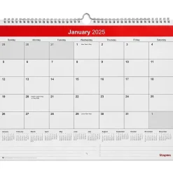 2025 Calendars|Staples 2025 15" x 12" Wall Calendar, Red/White (ST52080-25)