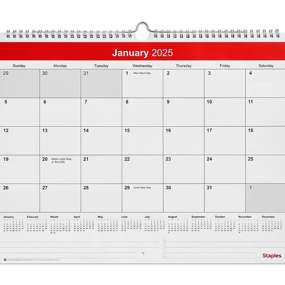 2025 Calendars|Staples 2025 15" x 12" Wall Calendar, Red/White (ST52080-25)