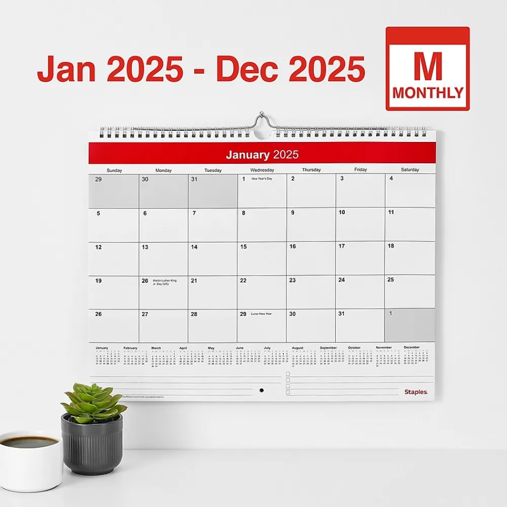 2025 Calendars|Staples 2025 15" x 12" Wall Calendar, Red/White (ST52080-25)