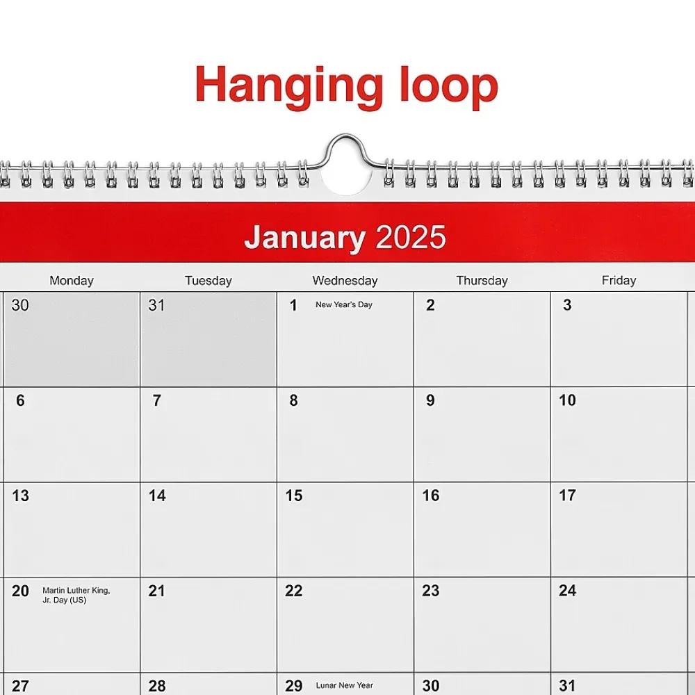 2025 Calendars|Staples 2025 15" x 12" Wall Calendar, Red/White (ST52080-25)