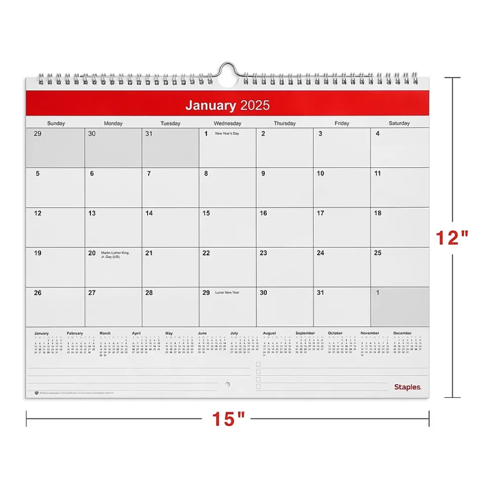 2025 Calendars|Staples 2025 15" x 12" Wall Calendar, Red/White (ST52080-25)