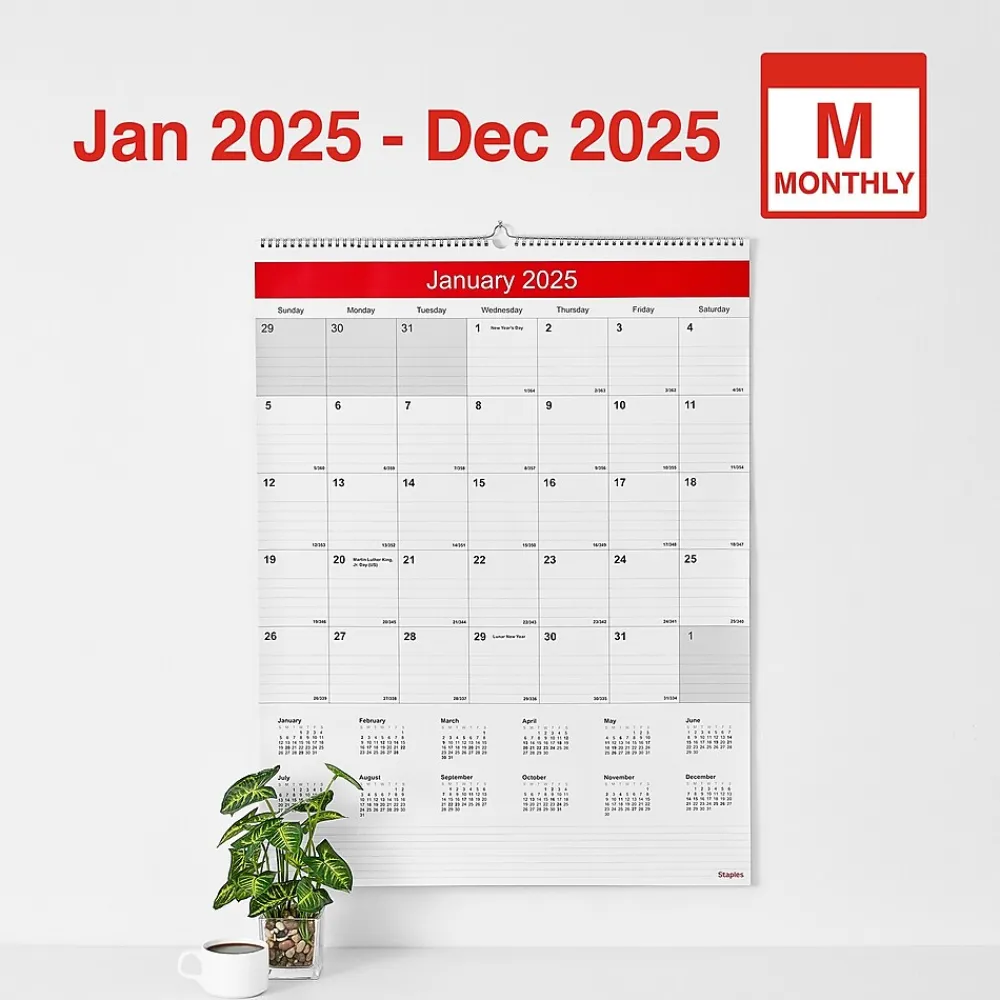 2025 Calendars|Staples 2025 22" x 29" Wall Calendar, White/Red (ST53914-25)