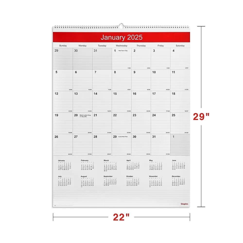 2025 Calendars|Staples 2025 22" x 29" Wall Calendar, White/Red (ST53914-25)