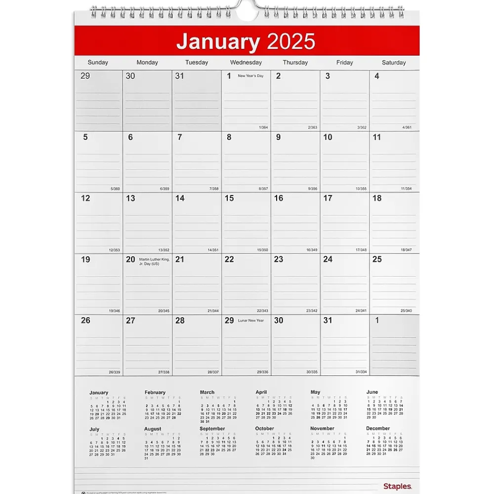 2025 Calendars|Staples 2025 12" x 17" Wall Calendar, White/Red (ST53913-25)