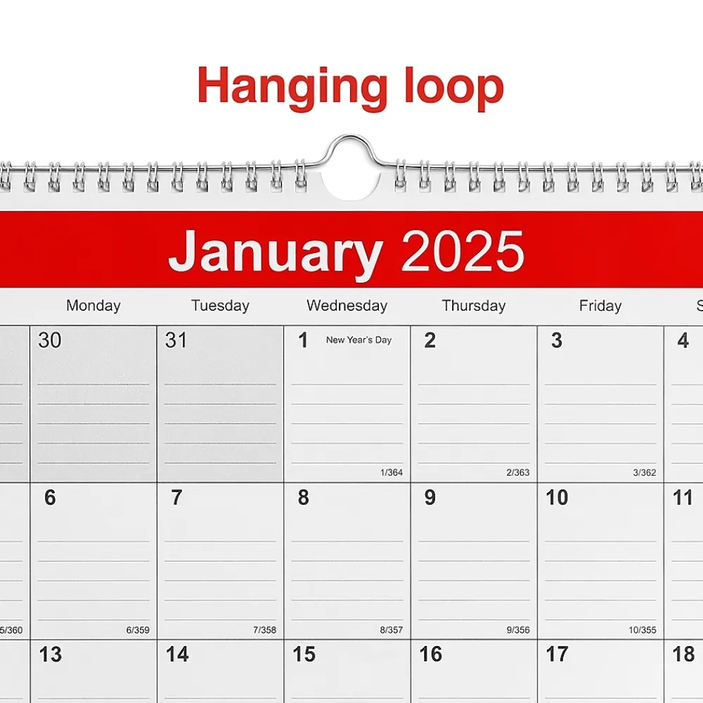 2025 Calendars|Staples 2025 12" x 17" Wall Calendar, White/Red (ST53913-25)
