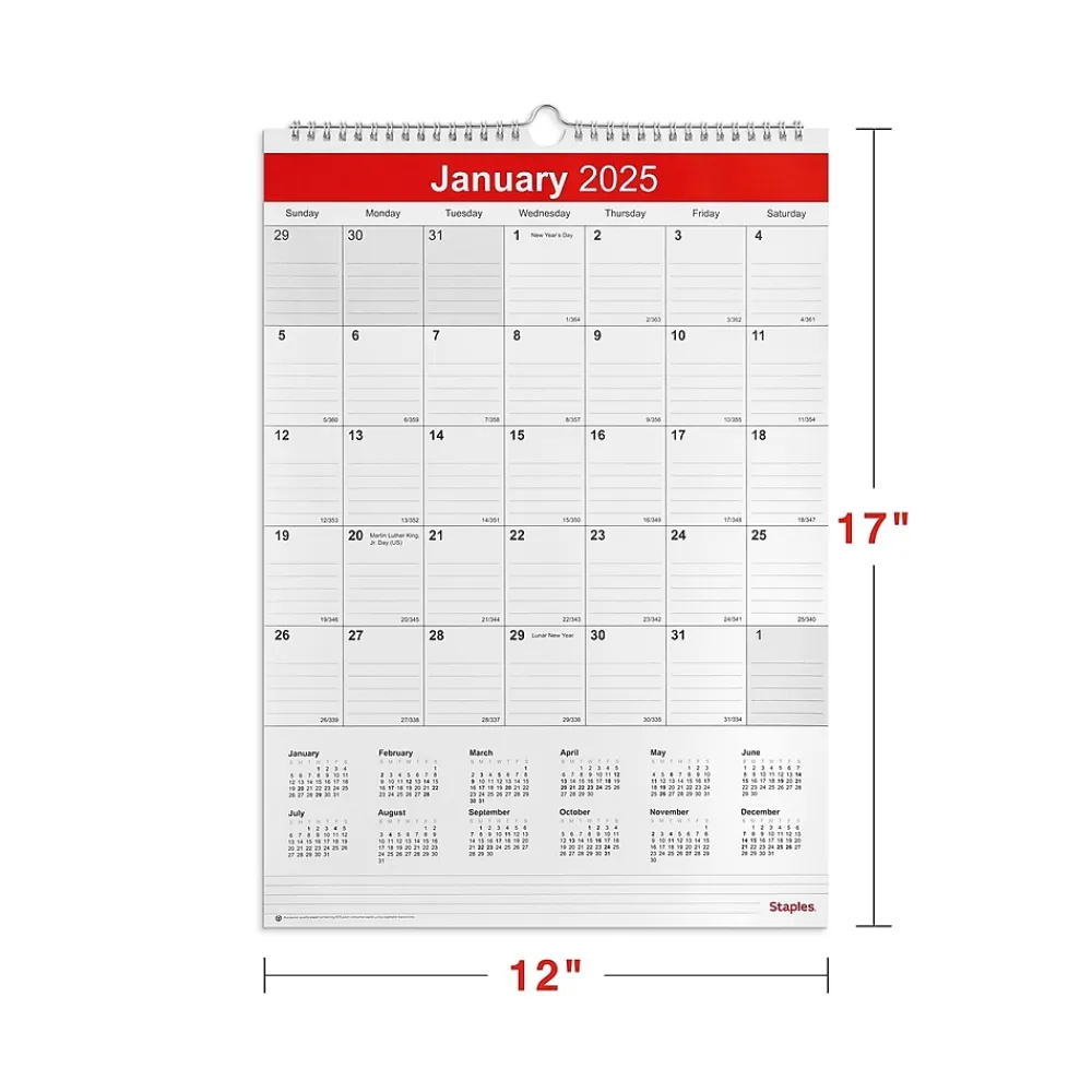 2025 Calendars|Staples 2025 12" x 17" Wall Calendar, White/Red (ST53913-25)