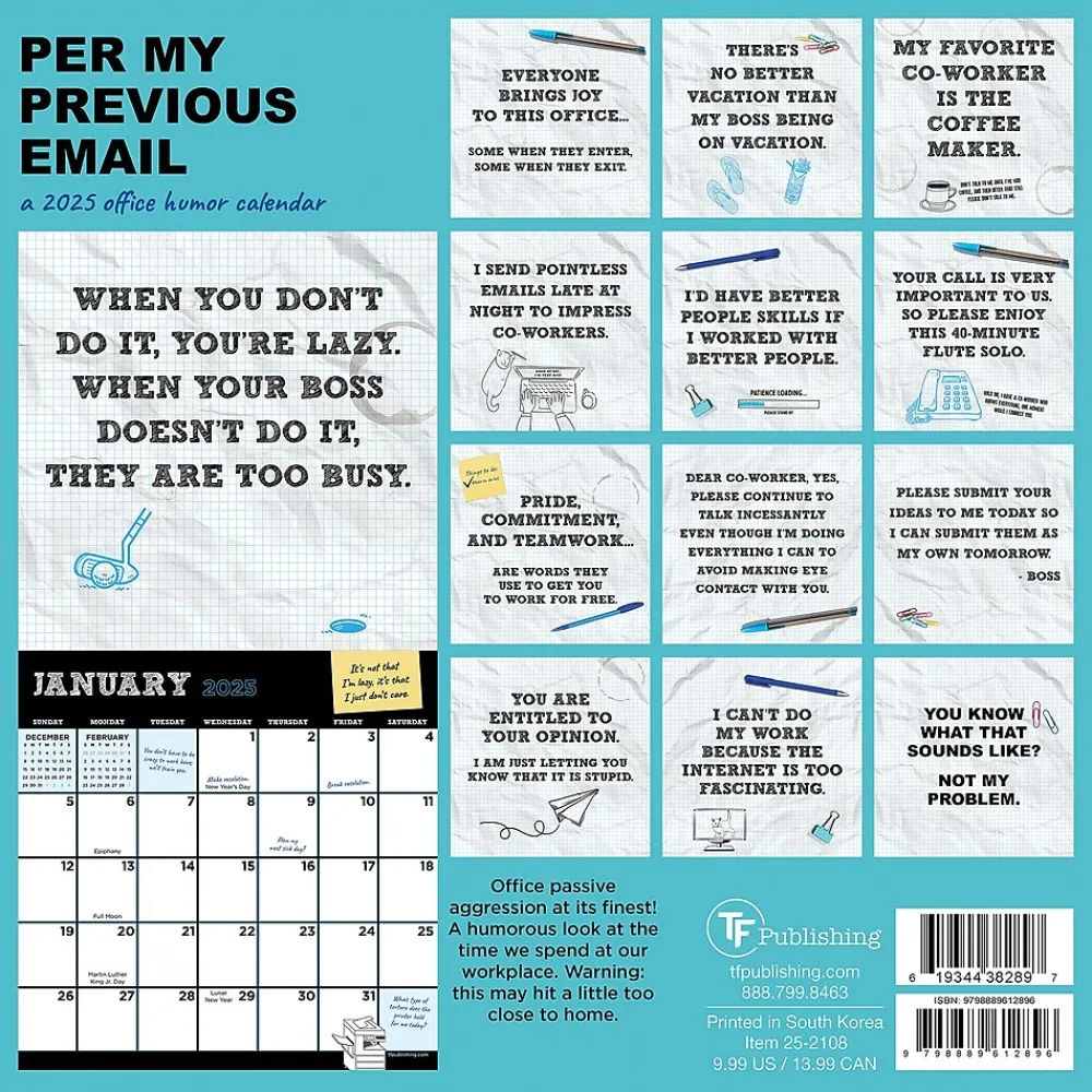 2025 Calendars|TF Publishing 2025 Per My Previous Email 7" x 7" Monthly Wall Calendar (25-2108)