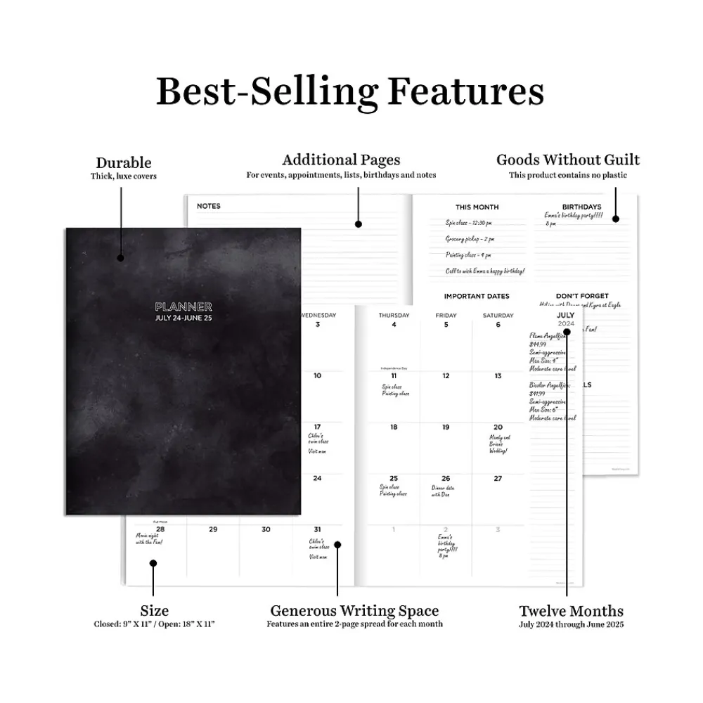 Academic Planners|TF Publishing 2024-2025 Slate 9" x 11" Academic Monthly Planner, Paperboard Cover, Black/Gray (AY25-4512)