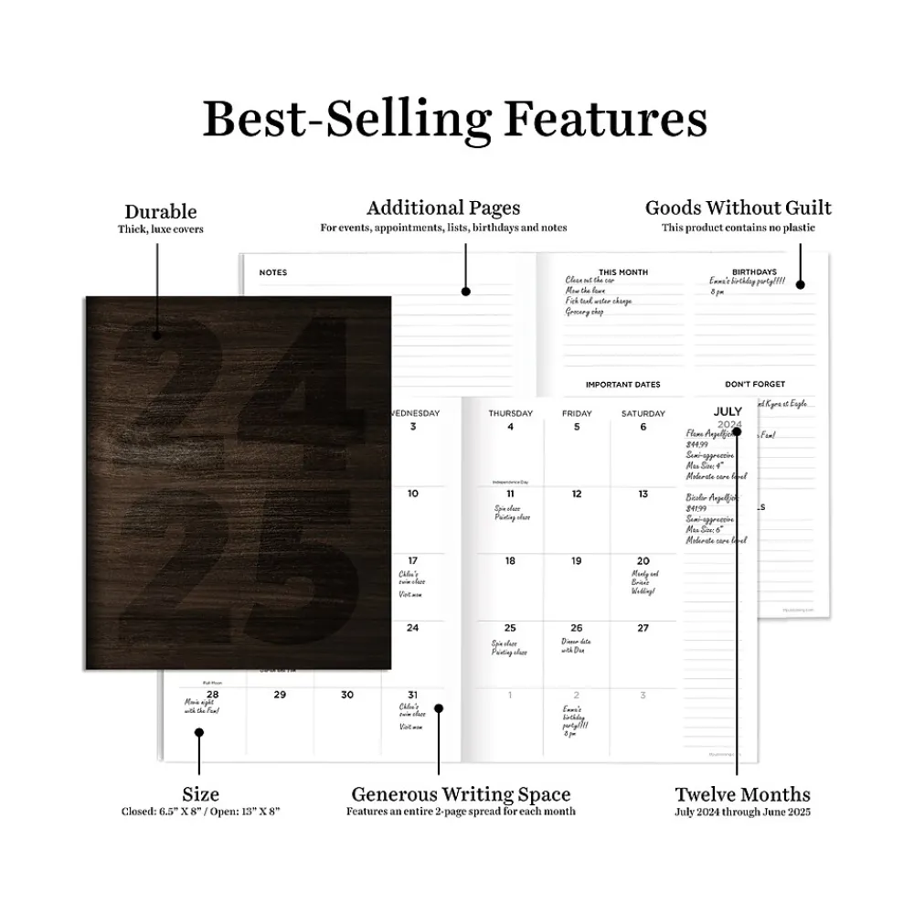 Academic Planners|TF Publishing 2024-2025 Walnut Wood 6.5" x 8" Academic Monthly Planner, Paperboard Cover, Brown (AY25-4216)