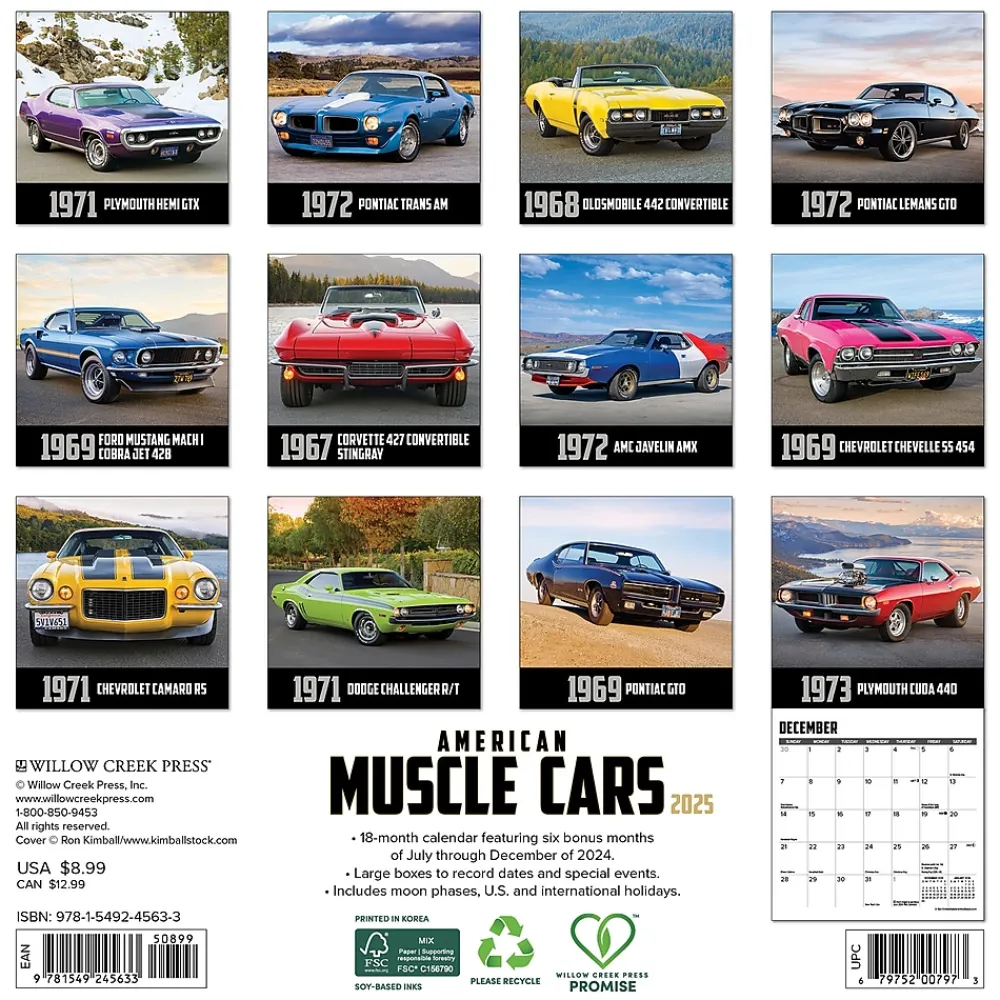 2025 Calendars|Willow Creek 2025 American Muscle Cars 7" x 7" Monthly Wall Calendar (45633)