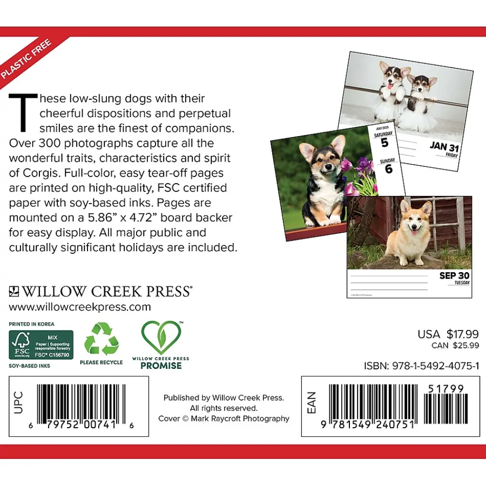 2025 Calendars|Willow Creek 2025 Corgis (Dogs and Puppies) 6" x 5.5" Day-to-Day Calendar, Multicolor (40751)