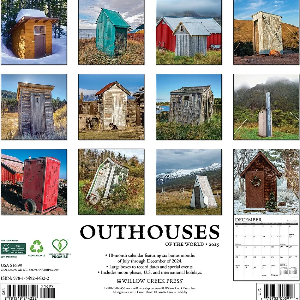 2025 Calendars|Willow Creek 2025 Outhouses 12" x 12" Monthly Wall Calendar (44322)