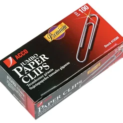 Clips & Fasteners|ACCO , Premium Jumbo Paper Clips, Smooth Finish, Jumbo Size 1-7/8", 100/Box (72500)