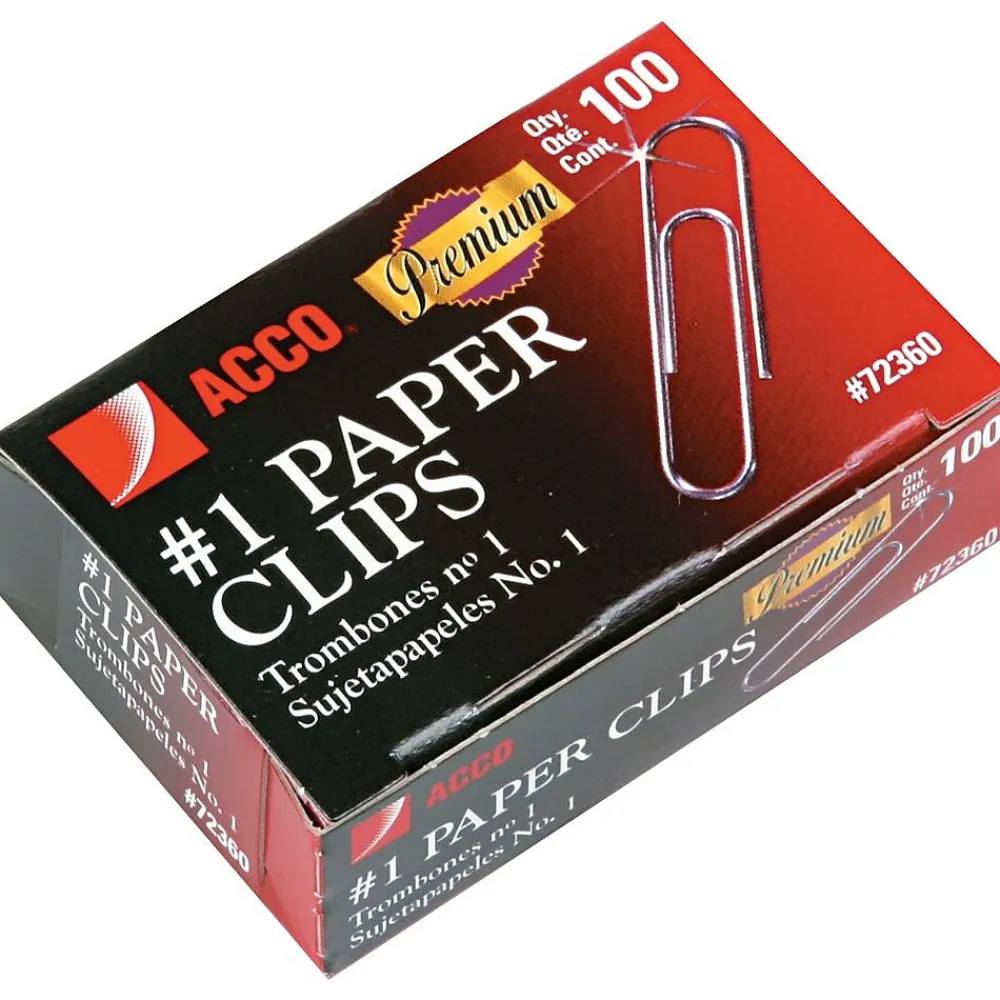 Clips & Fasteners|ACCO Premium Standard Paper Clips, 0.38" Capacity, Silver, 100 Clips/Pack, 10/Pack(ACC72360)