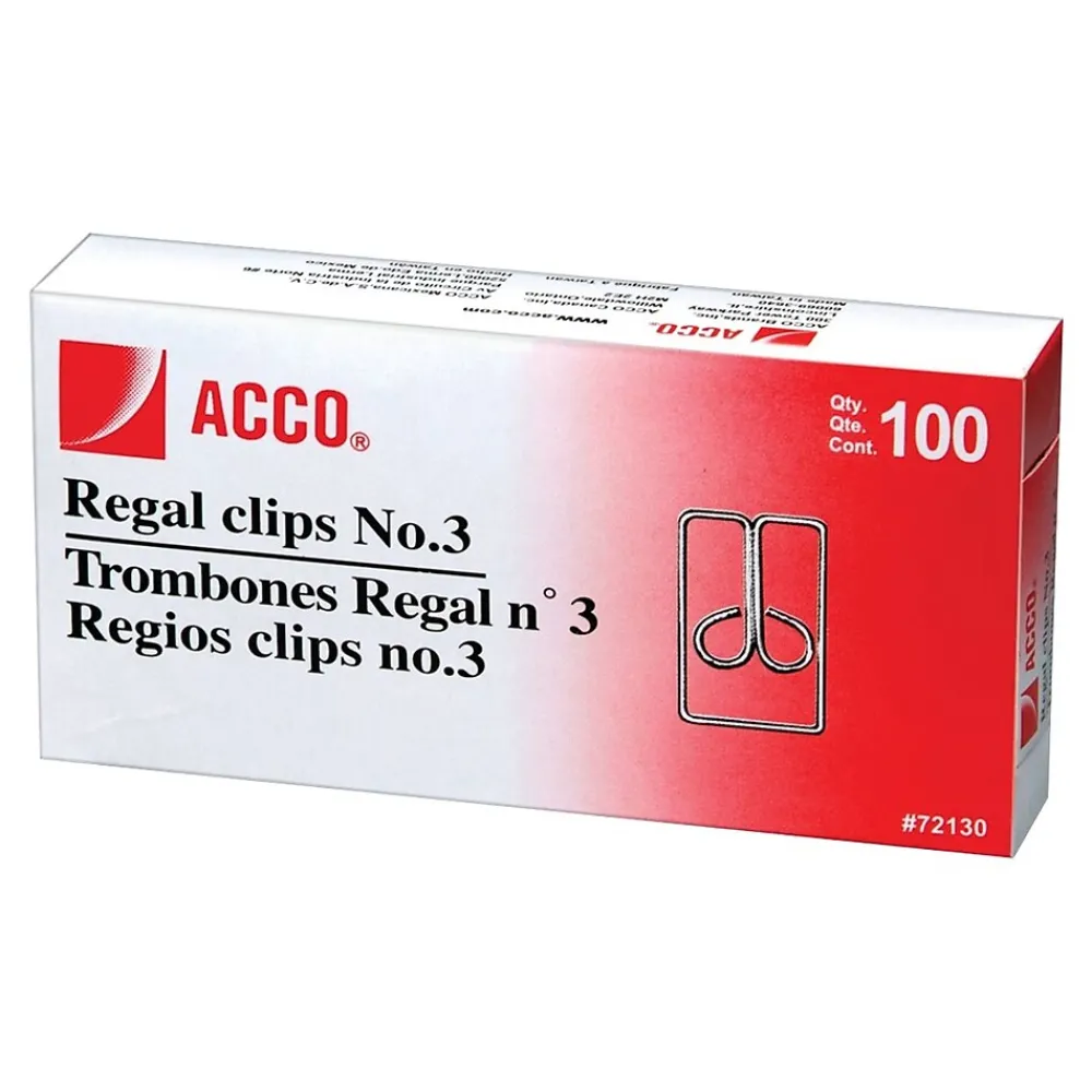 Clips & Fasteners|ACCO Regal Paper Clips, #3, Silver, 100/Box (72130)