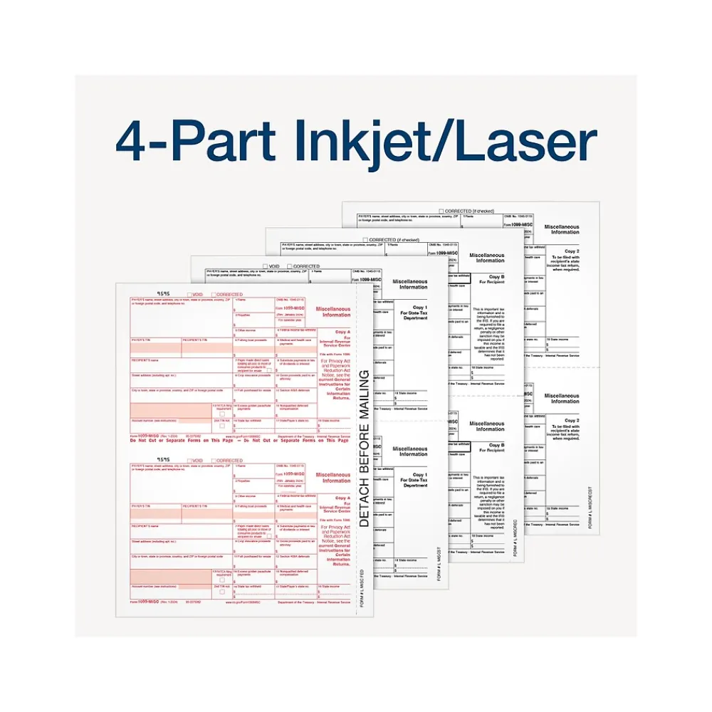 Tax Forms*Adams 2024 1099-MISC Tax Form with Self-Seal Envelopes and Tax Forms Helper, 4-Part, 2-Up, Copy A, 1, B, 2, 12/Pack