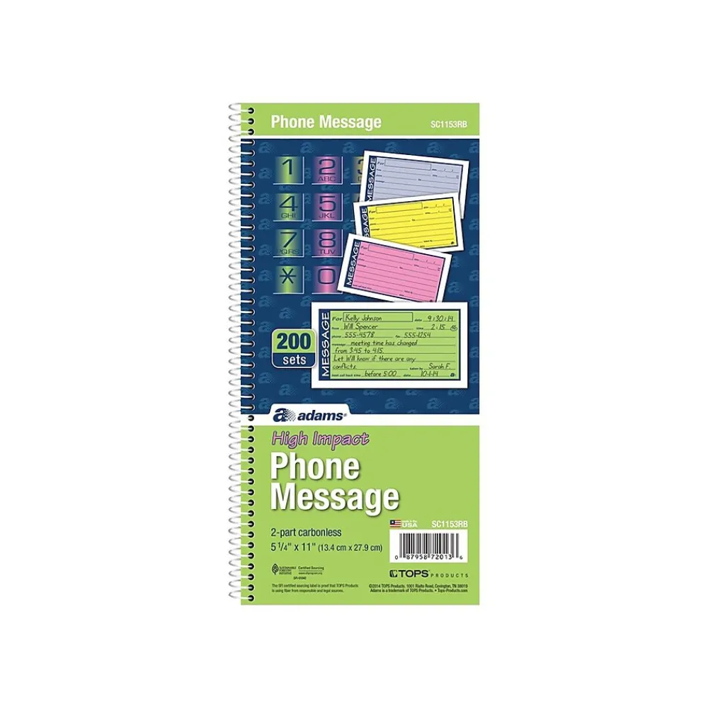 Notepads|Adams High Impact Phone Message Pad, 5.25" x 11", Wide Ruled, Blue/Yellow/Green/Pink, 50 Sheets/Pad (SC1153RB)